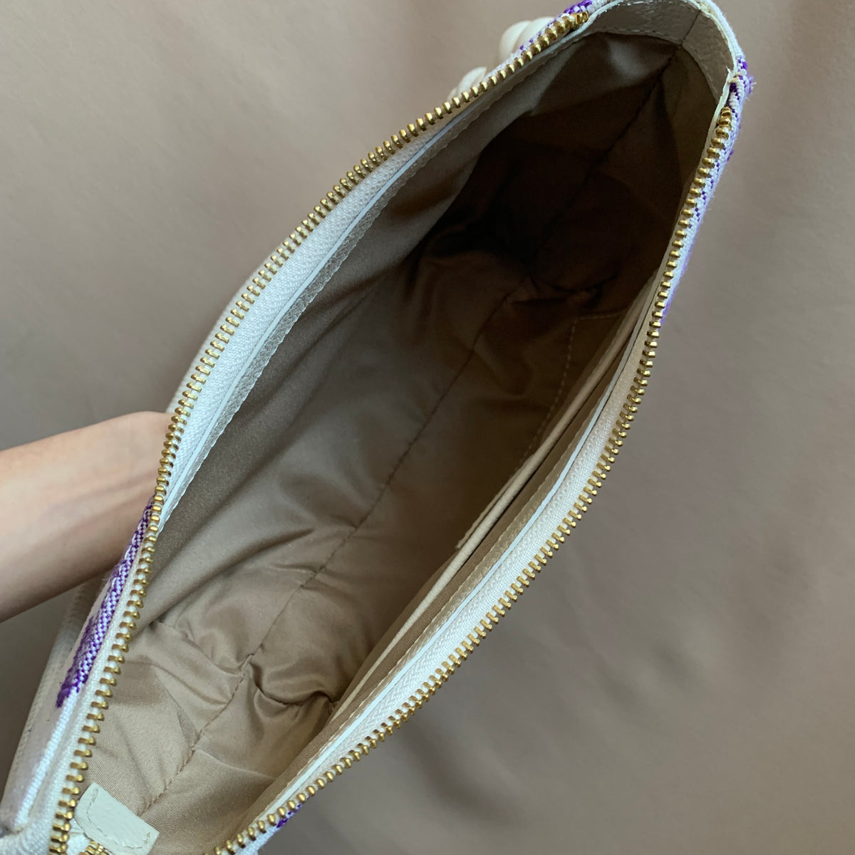 Aiko Bag: Fuji - White and Purple from Woven Japanese Obi Sash with White Leather Strap