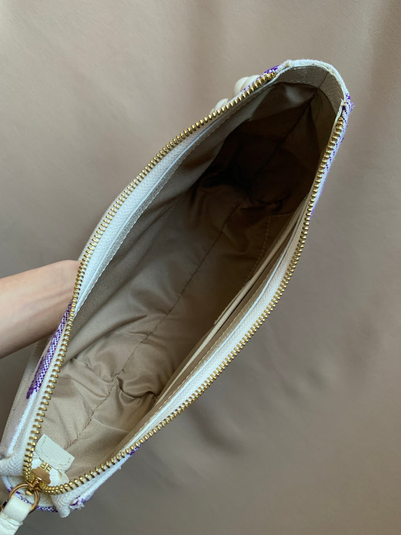 Aiko Bag: Fuji - White and Purple from Woven Japanese Obi Sash with White Leather Strap
