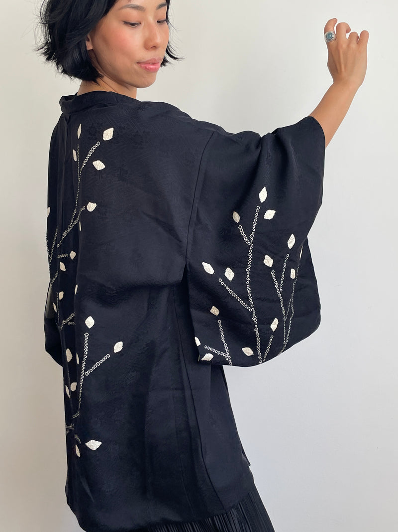 Haori Black with White Shibori Technique Leaves White in Silk