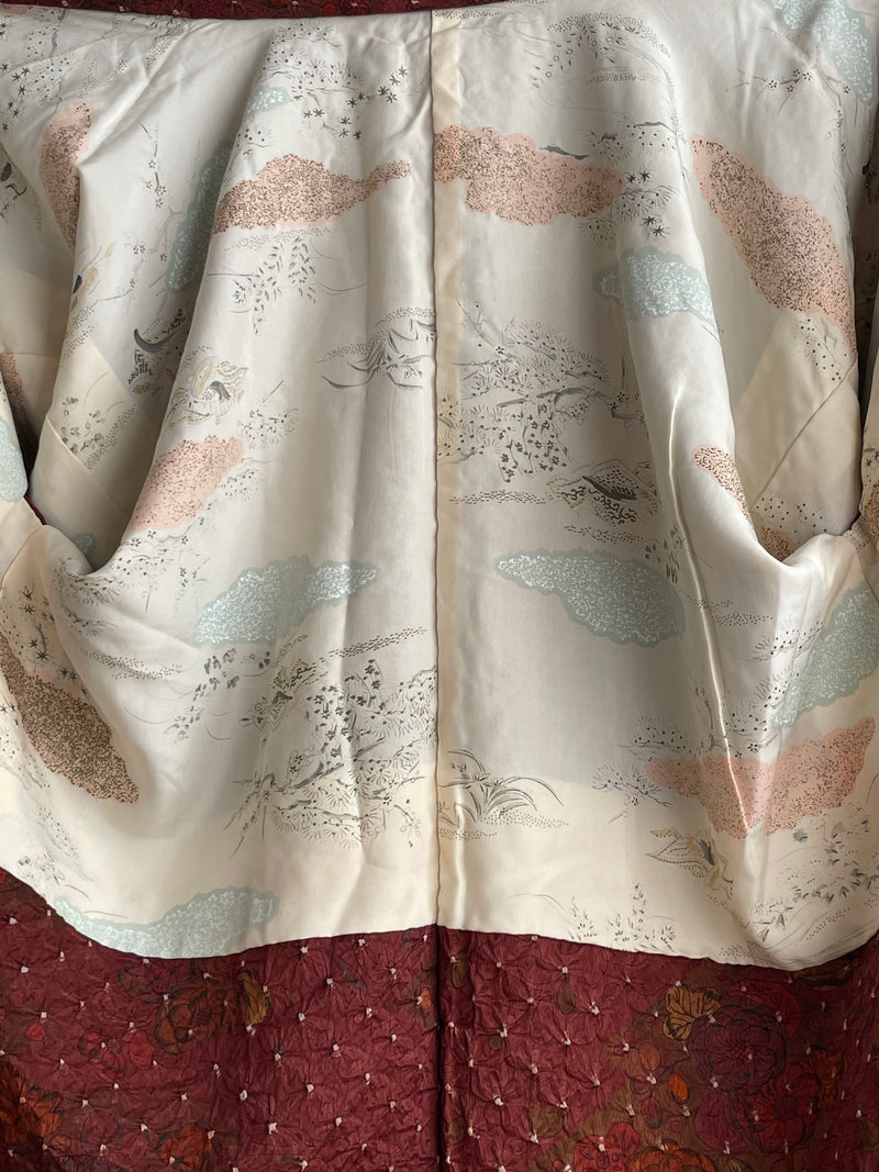 Haori Dark Burgundy in Shibori with Tsujihagana Style Flowers