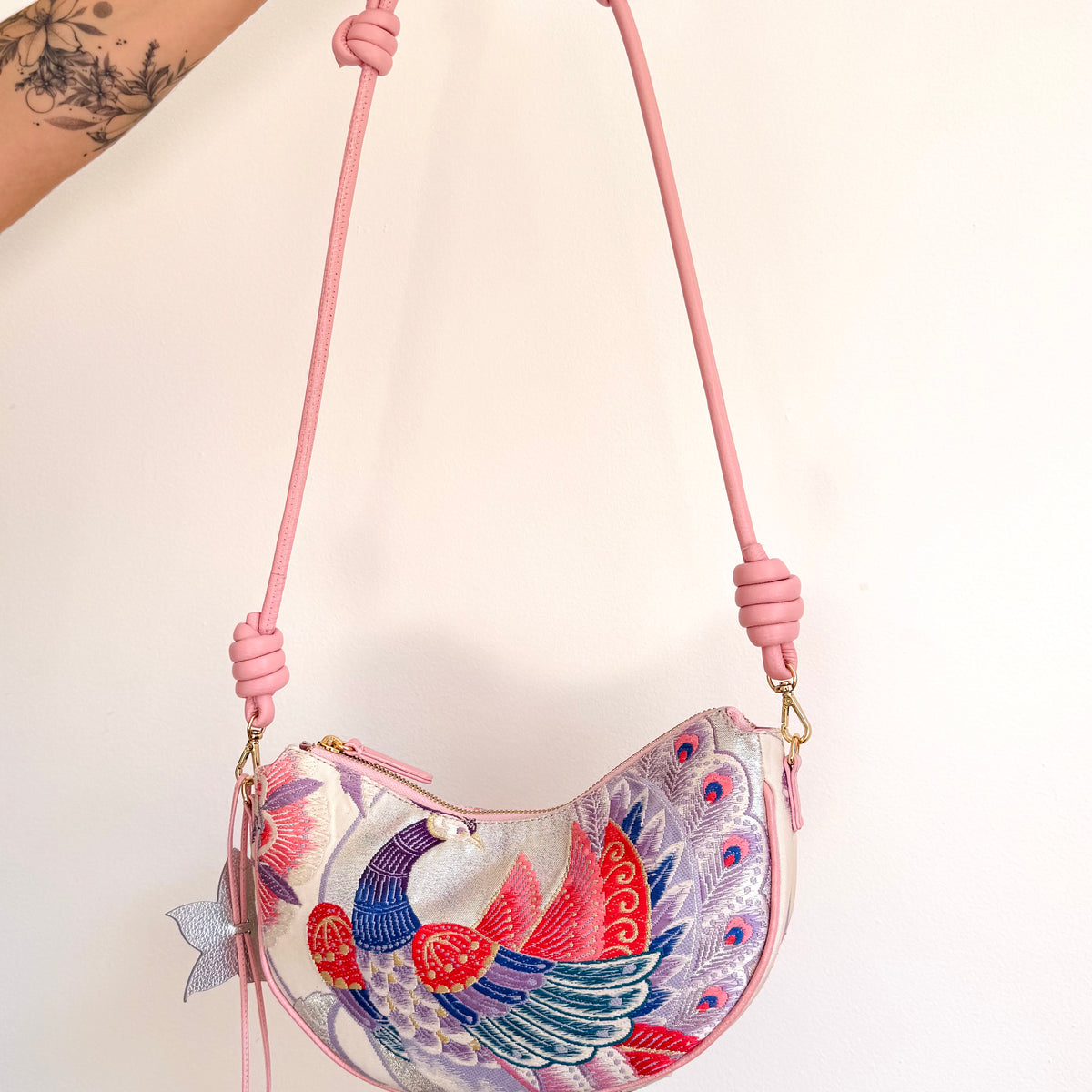 Aiko Bag: Metallic Pink and Blue Peacock and Flowers from Embroidered Obi Sash with Pink Leather Strap