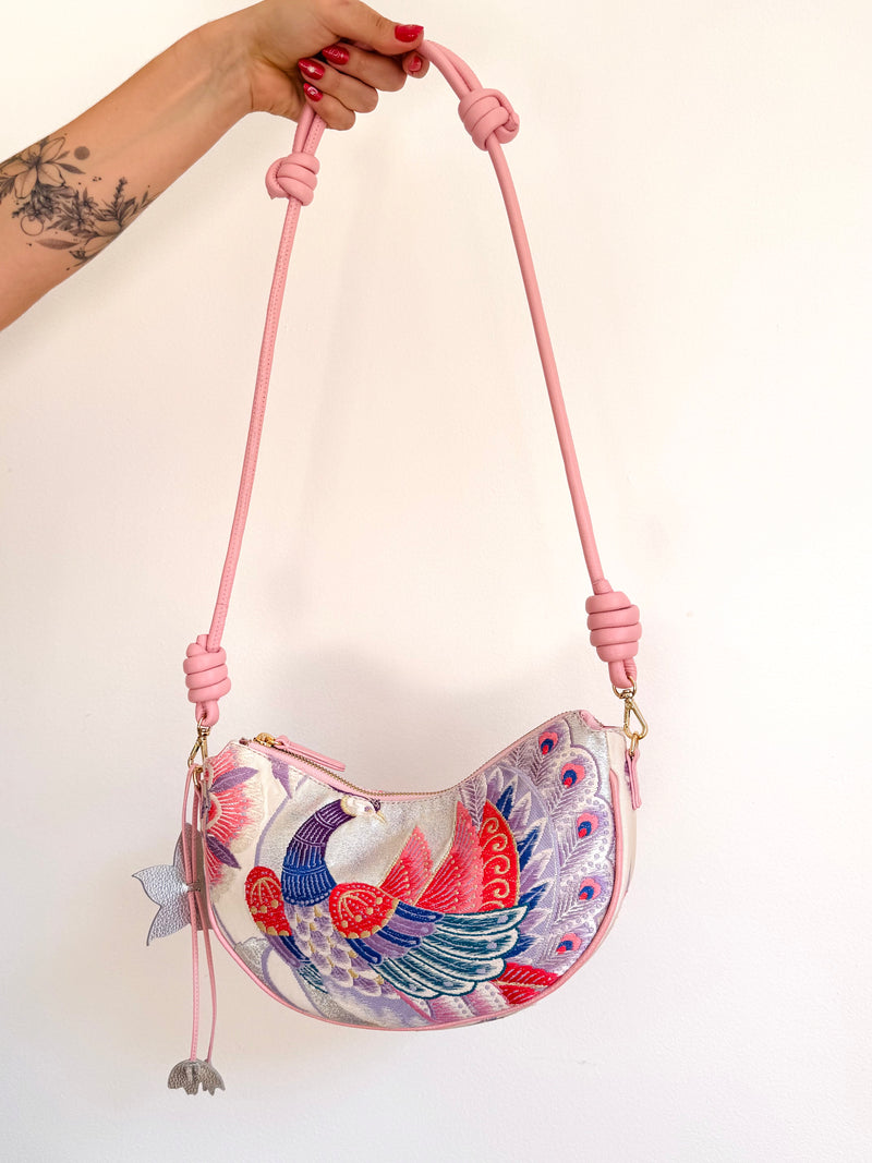 Aiko Bag: Metallic Pink and Blue Peacock and Flowers from Embroidered Obi Sash with Pink Leather Strap