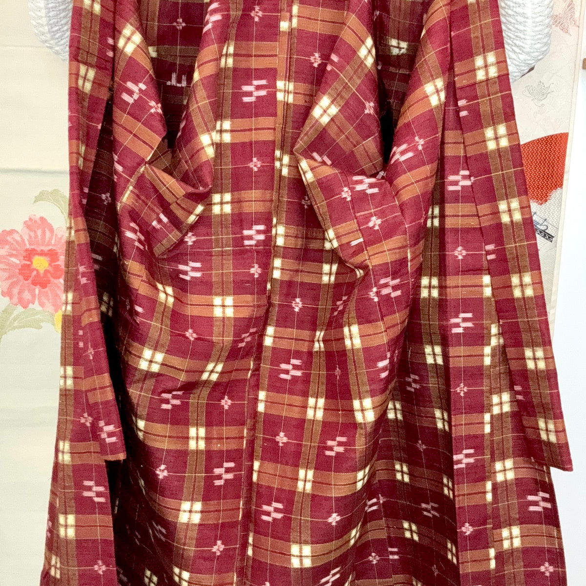 Kimono Plaid Wine Red in Tsumugi Technique Silk