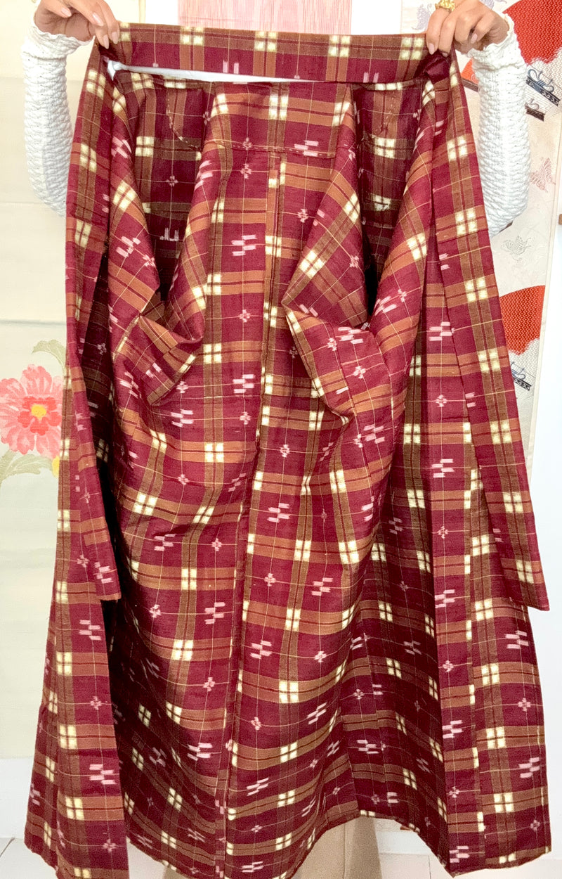 Kimono Plaid Wine Red in Tsumugi Technique Silk