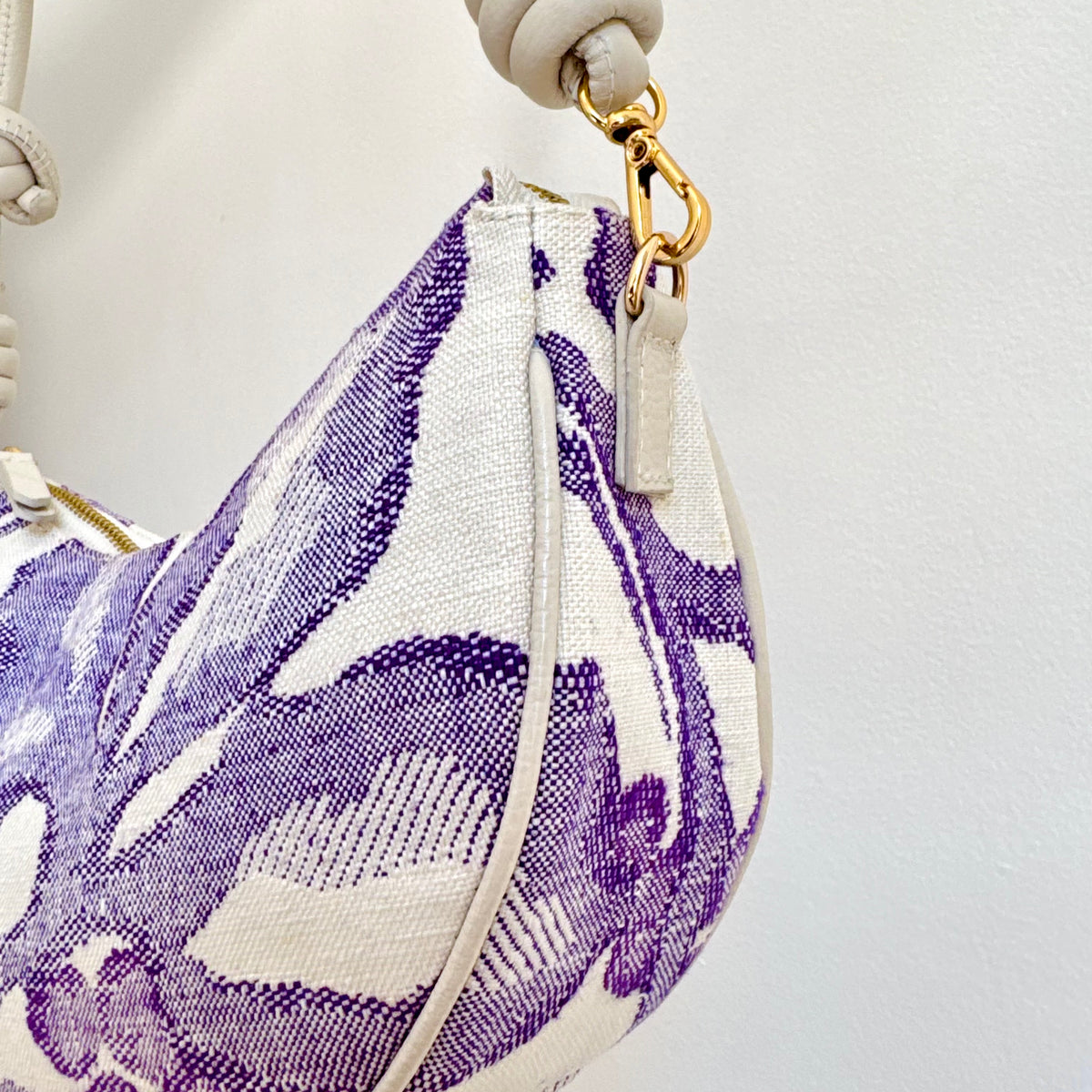 Aiko Bag: Fuji - White and Purple from Woven Japanese Obi Sash with White Leather Strap