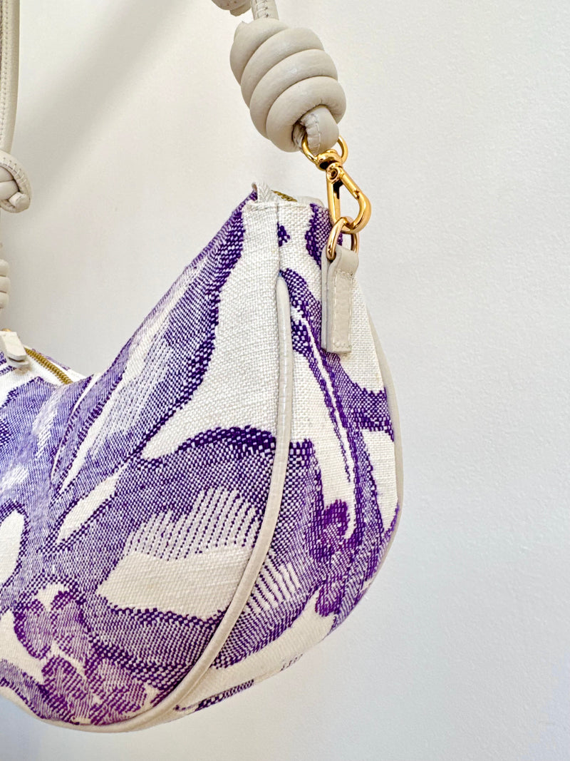 Aiko Bag: Fuji - White and Purple from Woven Japanese Obi Sash with White Leather Strap