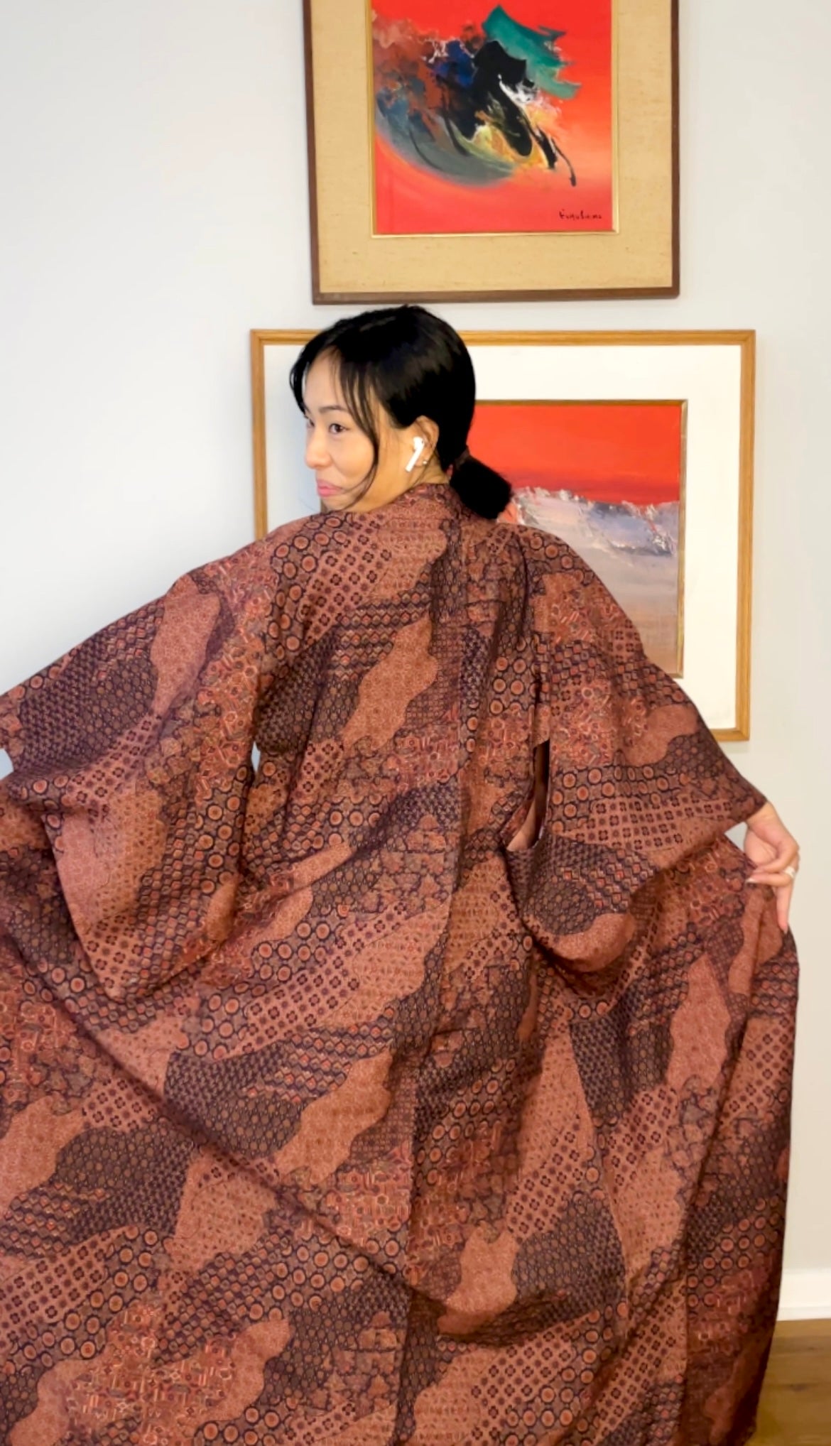 Kimono with Japanese Patterns in Deep Earthy Warm Browns