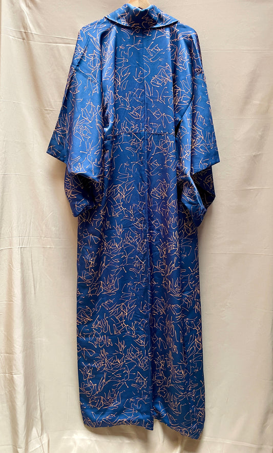Kimono Navy Dark Blue with Mauve Lines in Silk