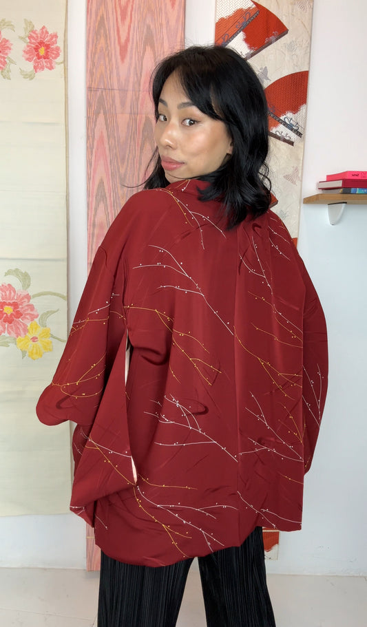 Haori Deep Red with Branches and Embroidered Silk
