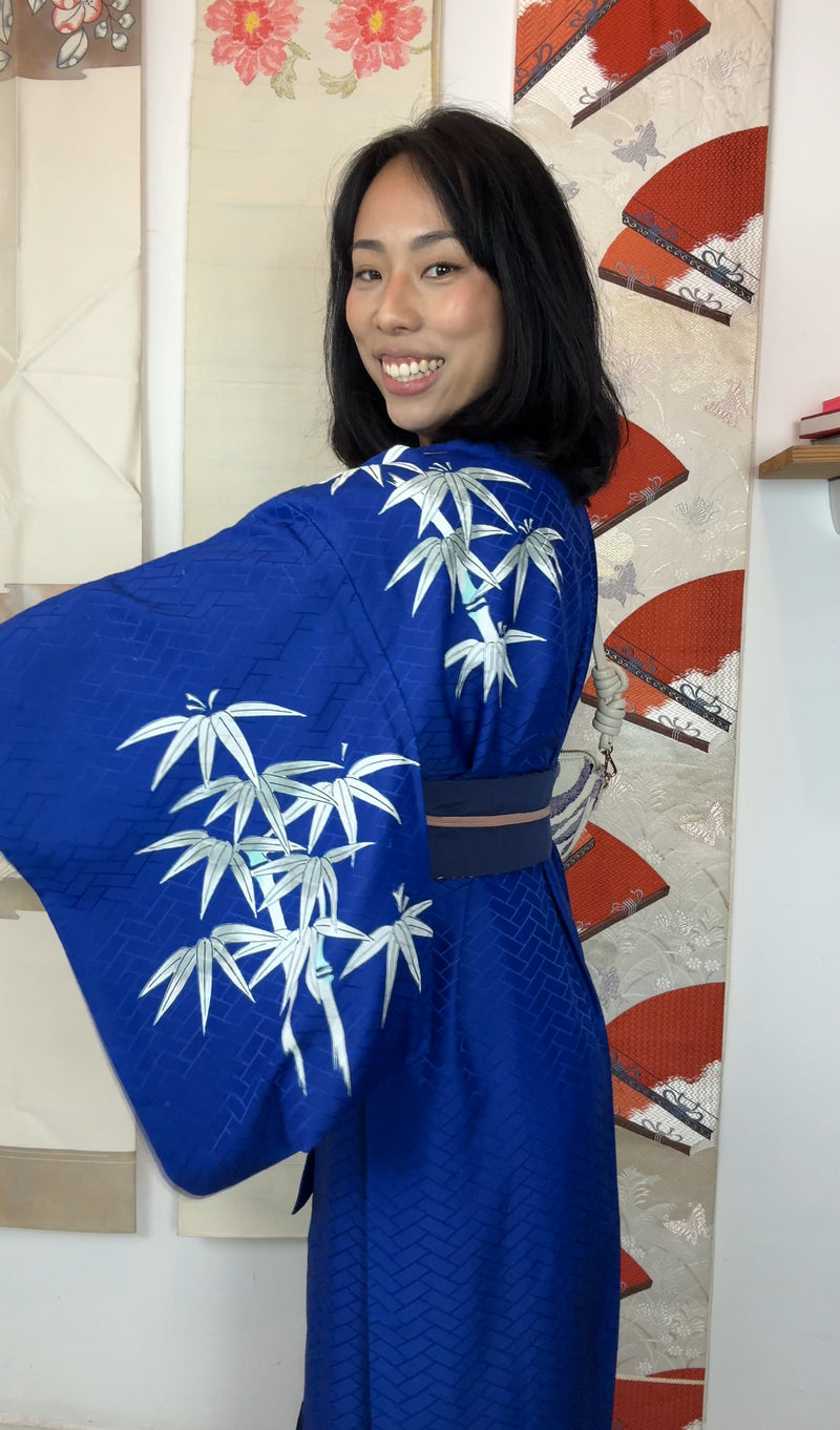 Kimono Single Layer Royal Blue with Painted Bamboo in Silk