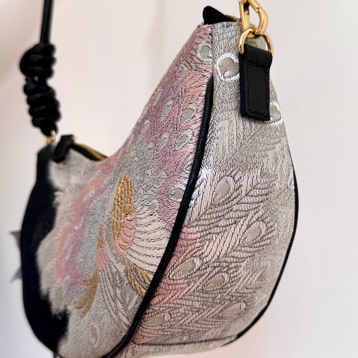 Aiko Bag: Black Metallic Black Peacock from Embroidered Obi Sash with Black Leather Strap