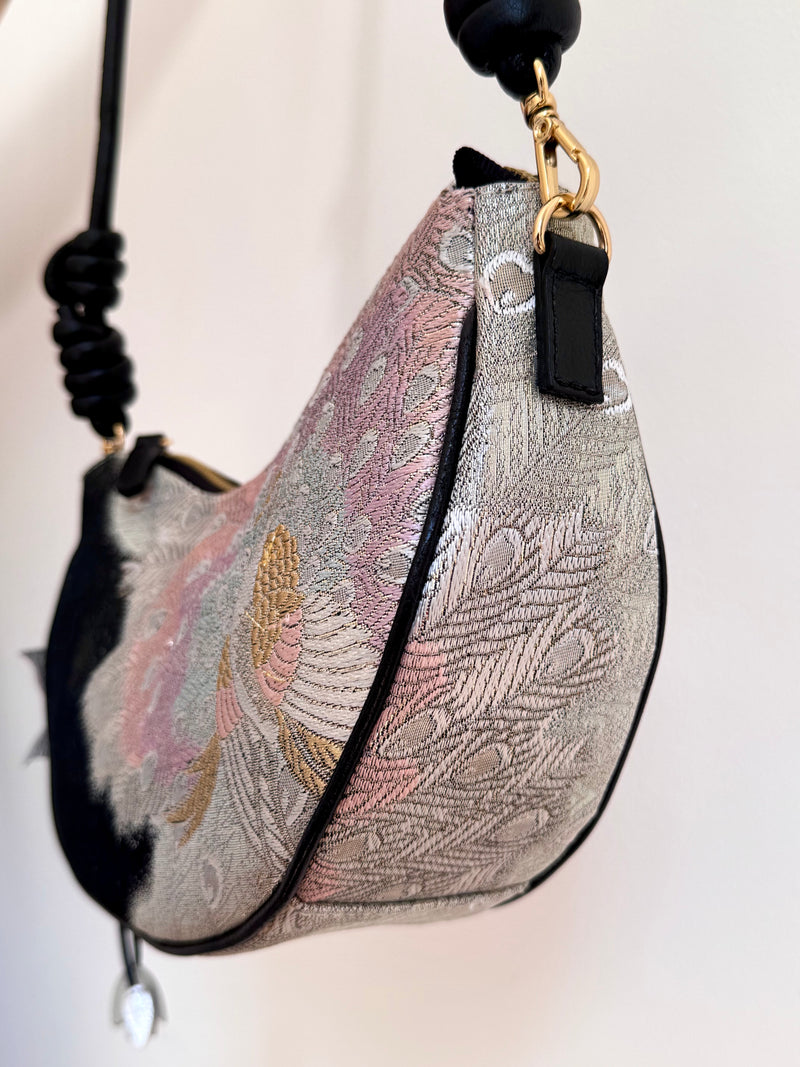 Aiko Bag: Black Metallic Black Peacock from Embroidered Obi Sash with Black Leather Strap