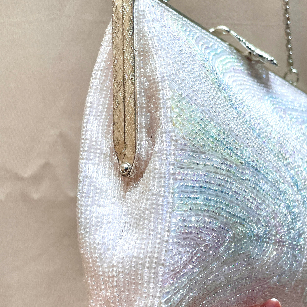 Beaded Handbag Pale Pink with Embroidered Colorful Waves