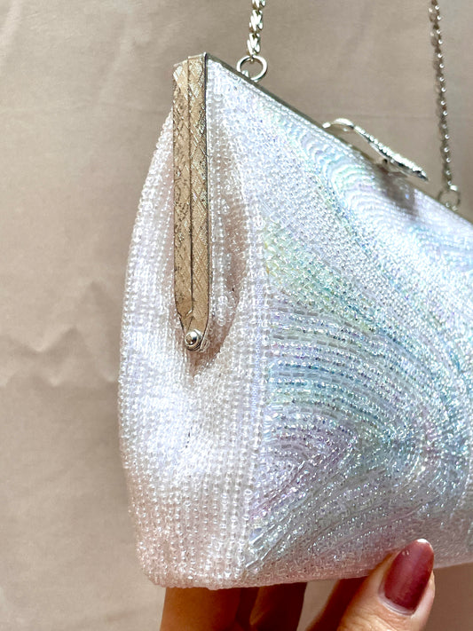 Beaded Handbag Pale Pink with Embroidered Colorful Waves
