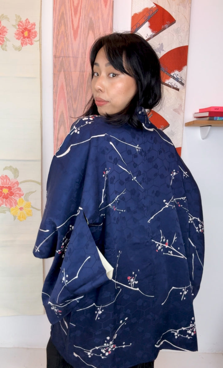 Haori Dark Blue with Beehive Patern and Pink and White Branches in Silk