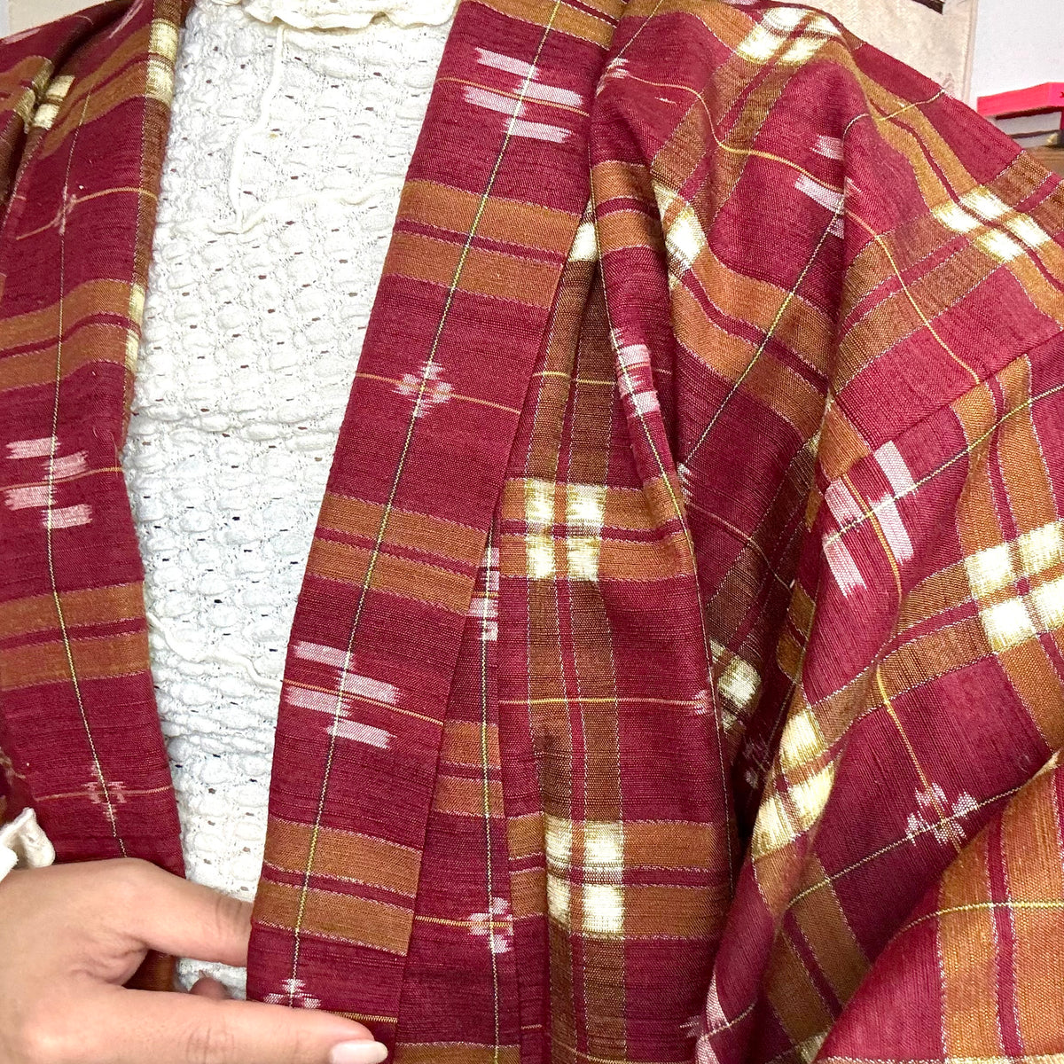 Kimono Plaid Wine Red in Tsumugi Technique Silk