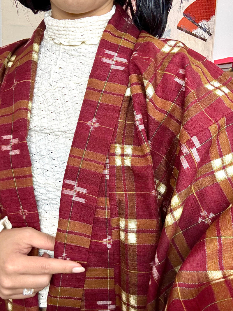 Kimono Plaid Wine Red in Tsumugi Technique Silk