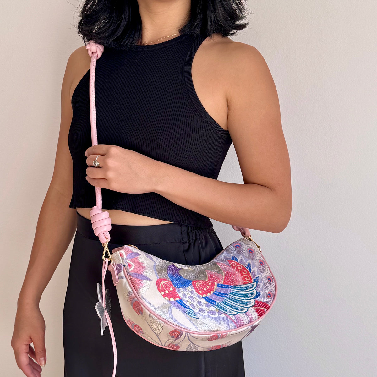 Aiko Bag: Metallic Pink and Blue Peacock and Flowers from Embroidered Obi Sash with Pink Leather Strap