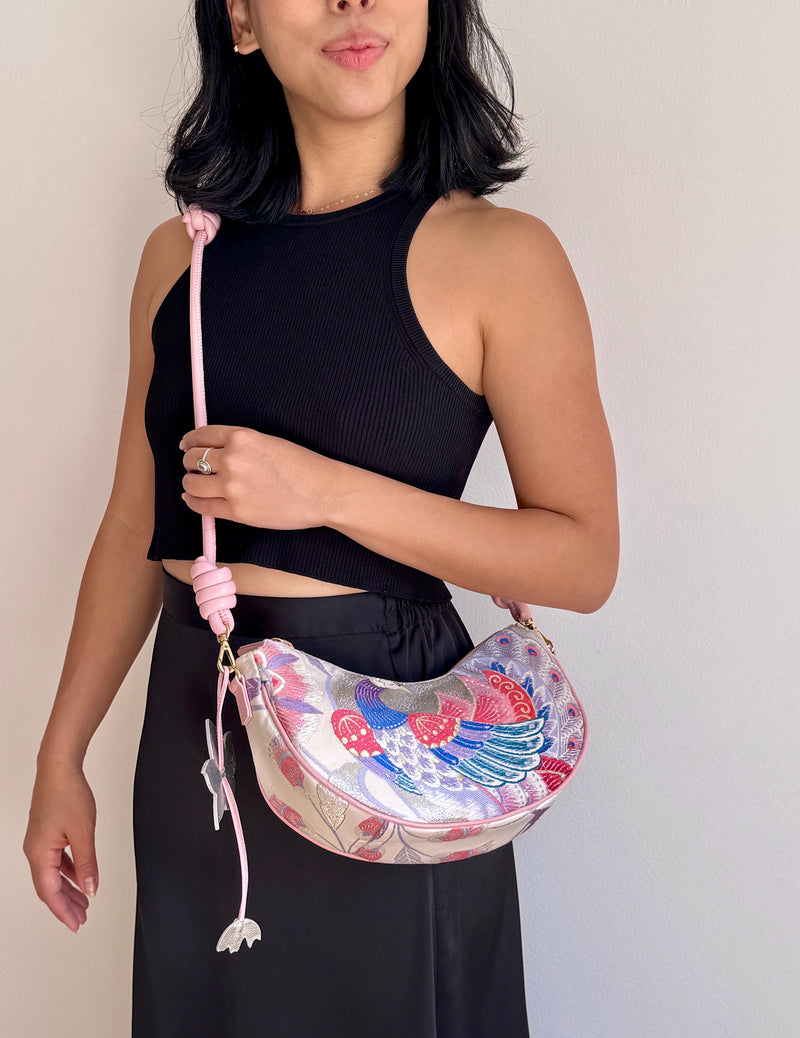 Aiko Bag: Metallic Pink and Blue Peacock and Flowers from Embroidered Obi Sash with Pink Leather Strap