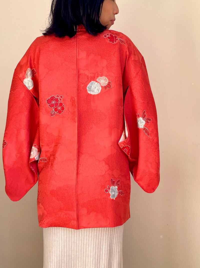 Haori Coral Pink with Hawaian Flowers in Silk