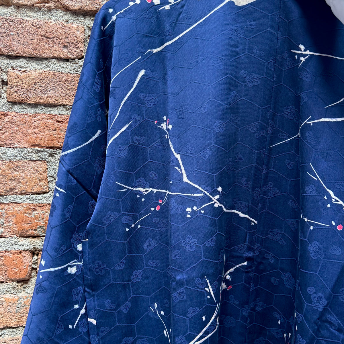 Haori Dark Blue with Beehive Patern and Pink and White Branches in Silk