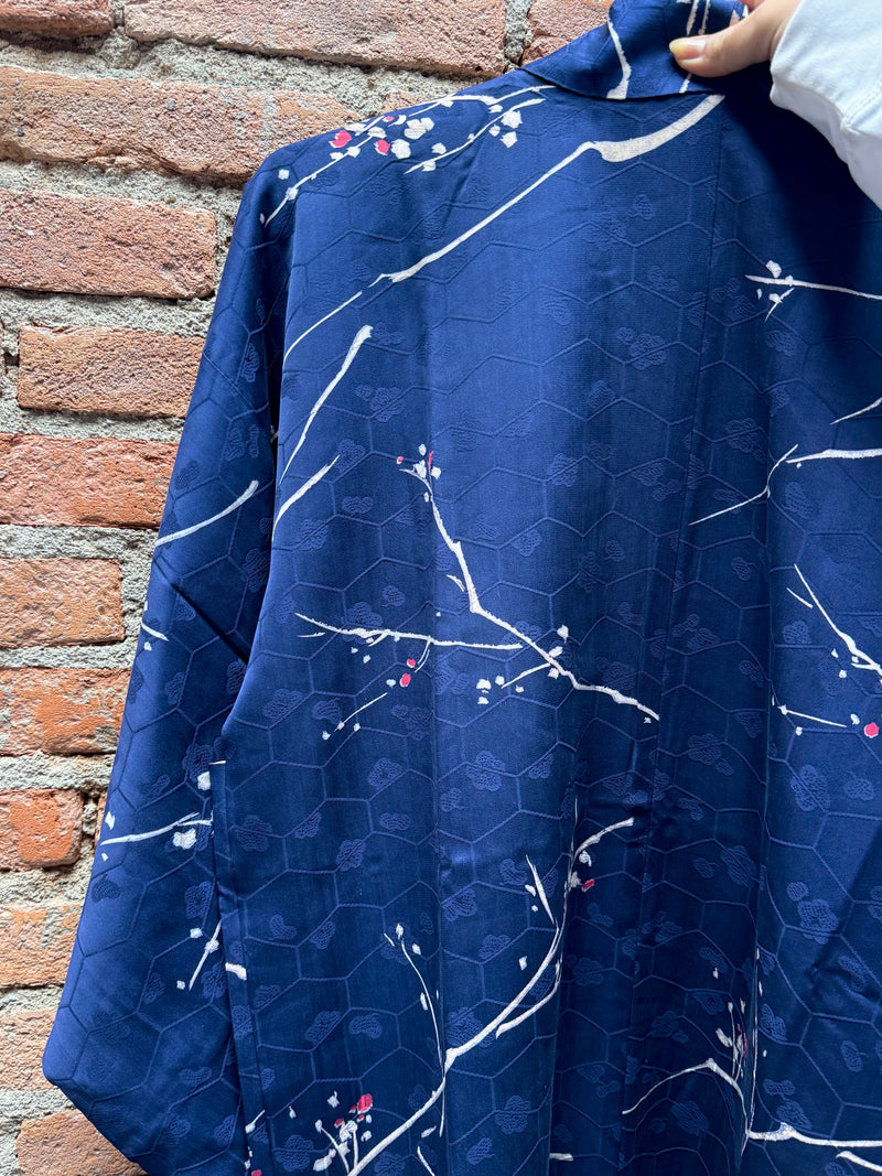 Haori Dark Blue with Beehive Patern and Pink and White Branches in Silk