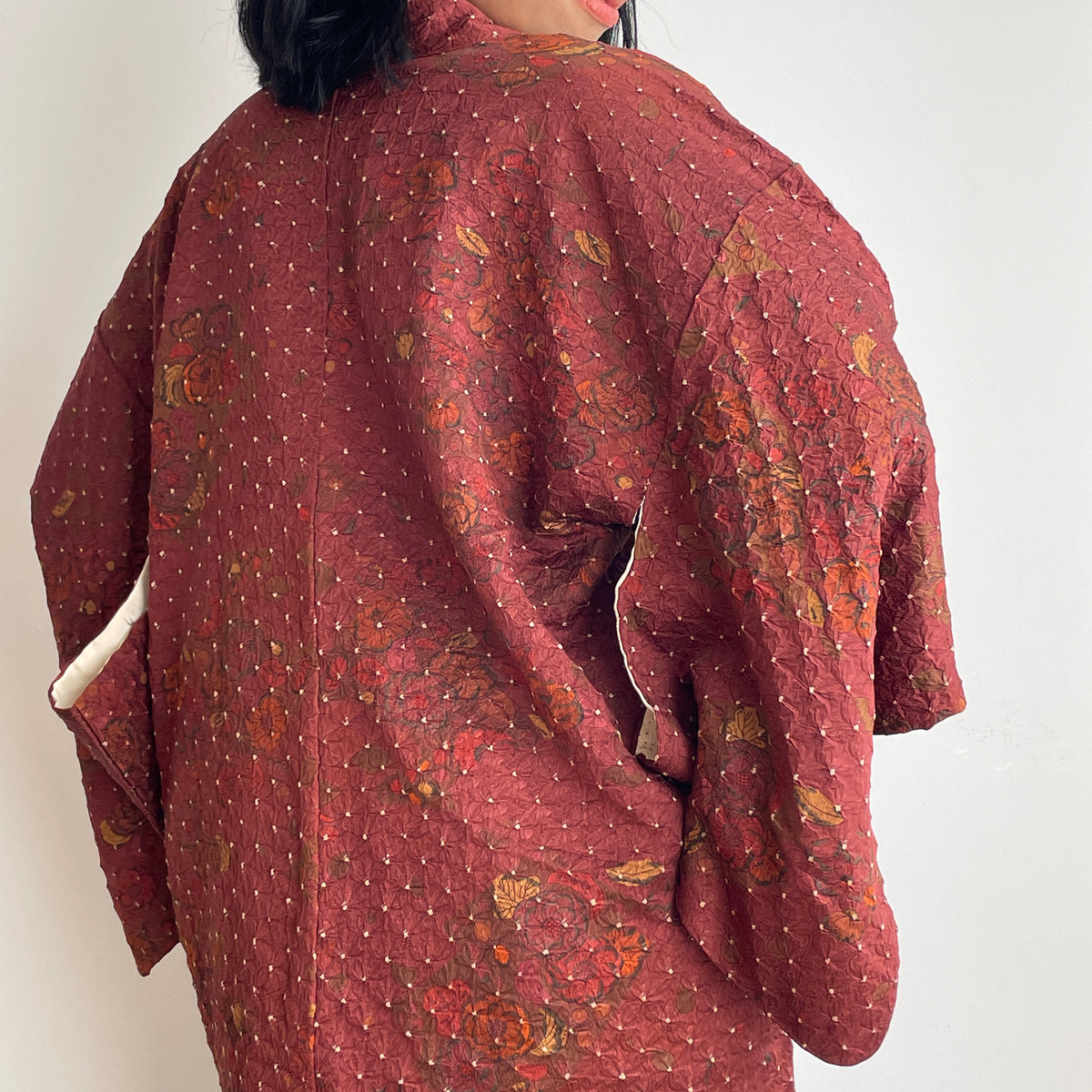 Haori Dark Burgundy in Shibori with Tsujihagana Style Flowers