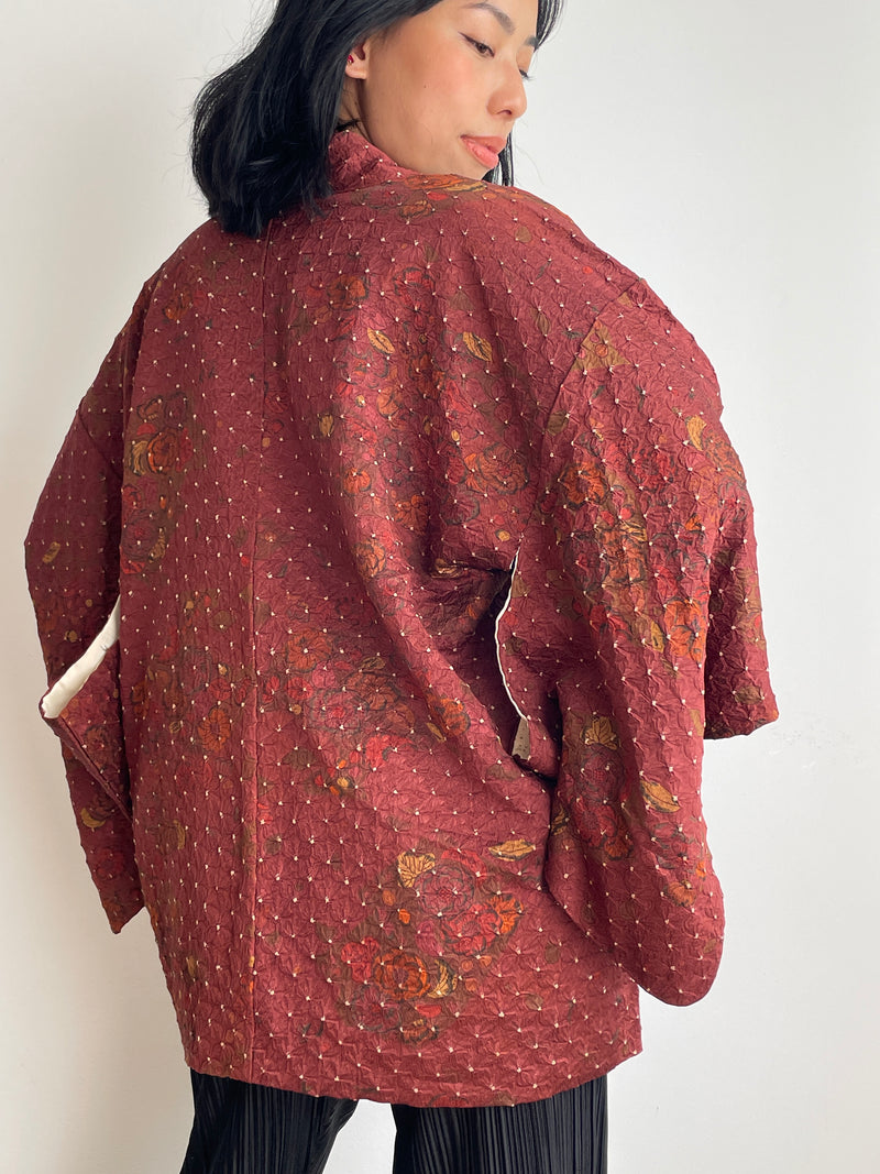 Haori Dark Burgundy in Shibori with Tsujihagana Style Flowers