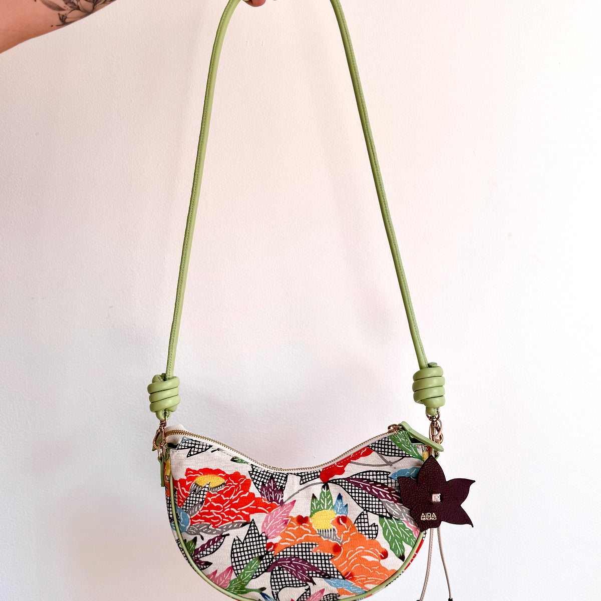 Aiko Bag: Summer Multicolor - from Japanese Obi Sash with Green Leather Strap