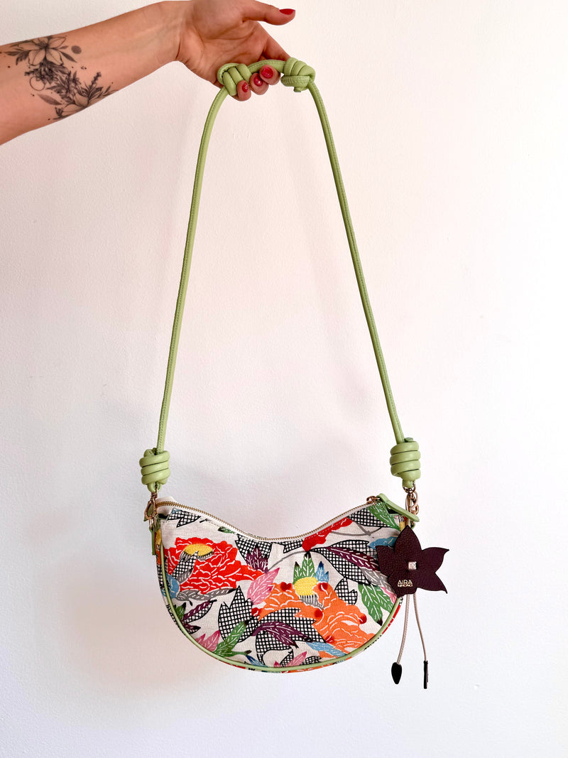 Aiko Bag: Summer Multicolor - from Japanese Obi Sash with Green Leather Strap