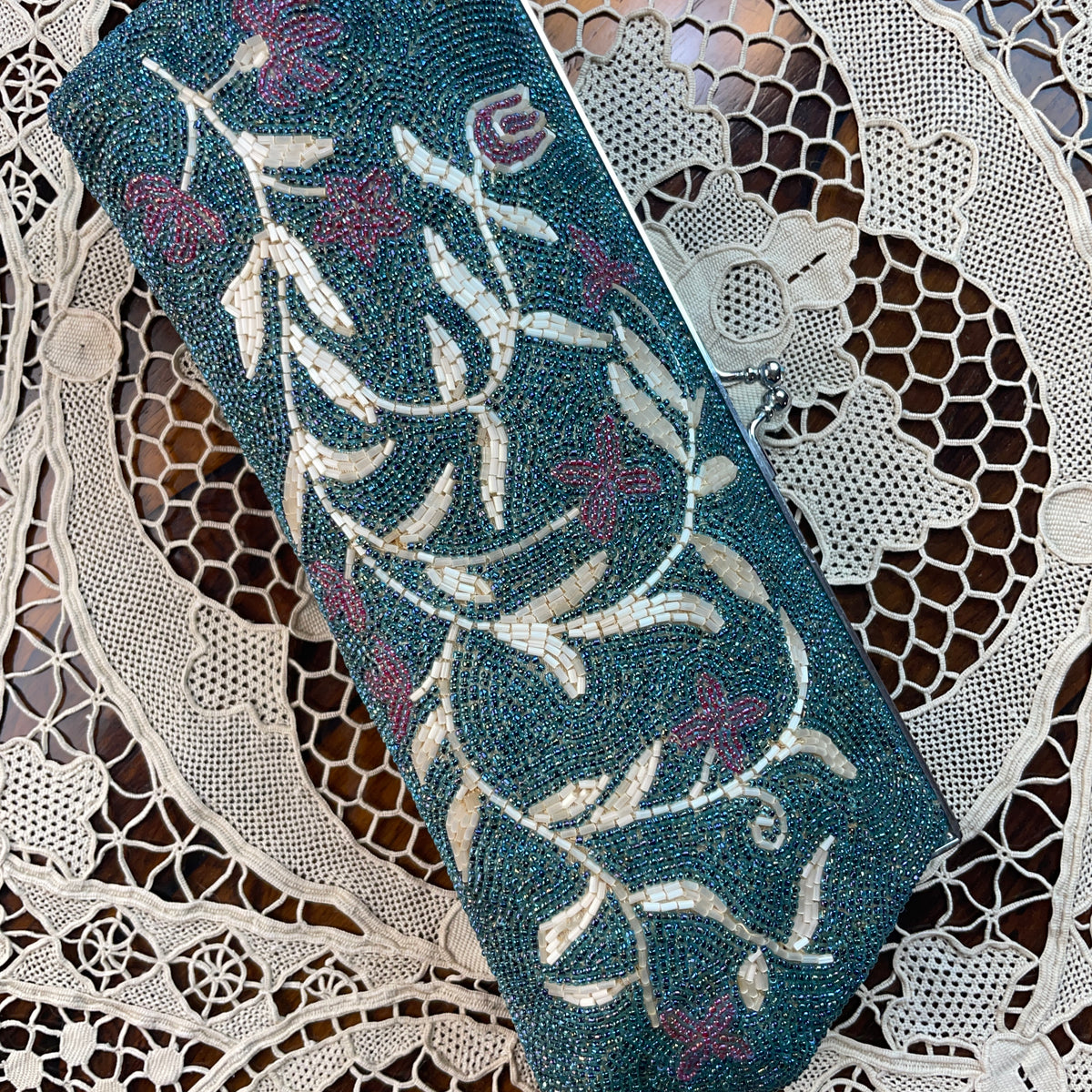 Clutch Vintage Beaded Handbag in Torquoise with Flowers