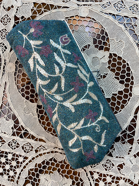 Clutch Vintage Beaded Handbag in Torquoise with Flowers