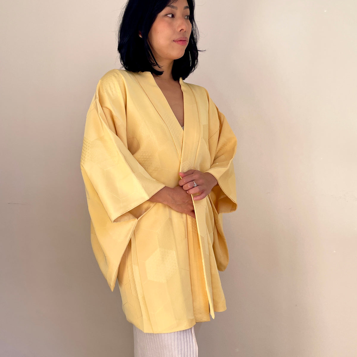 Haori Pale Yellow with Bee Hive with Texture in Silk