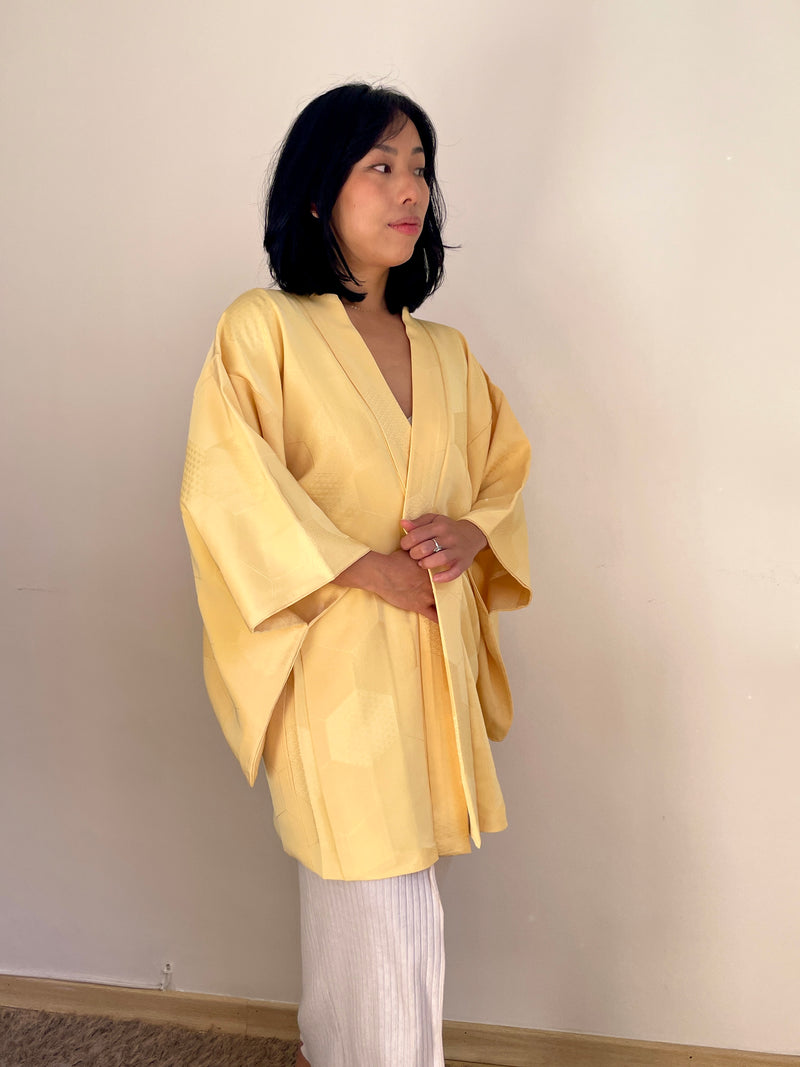 Haori Pale Yellow with Bee Hive with Texture in Silk