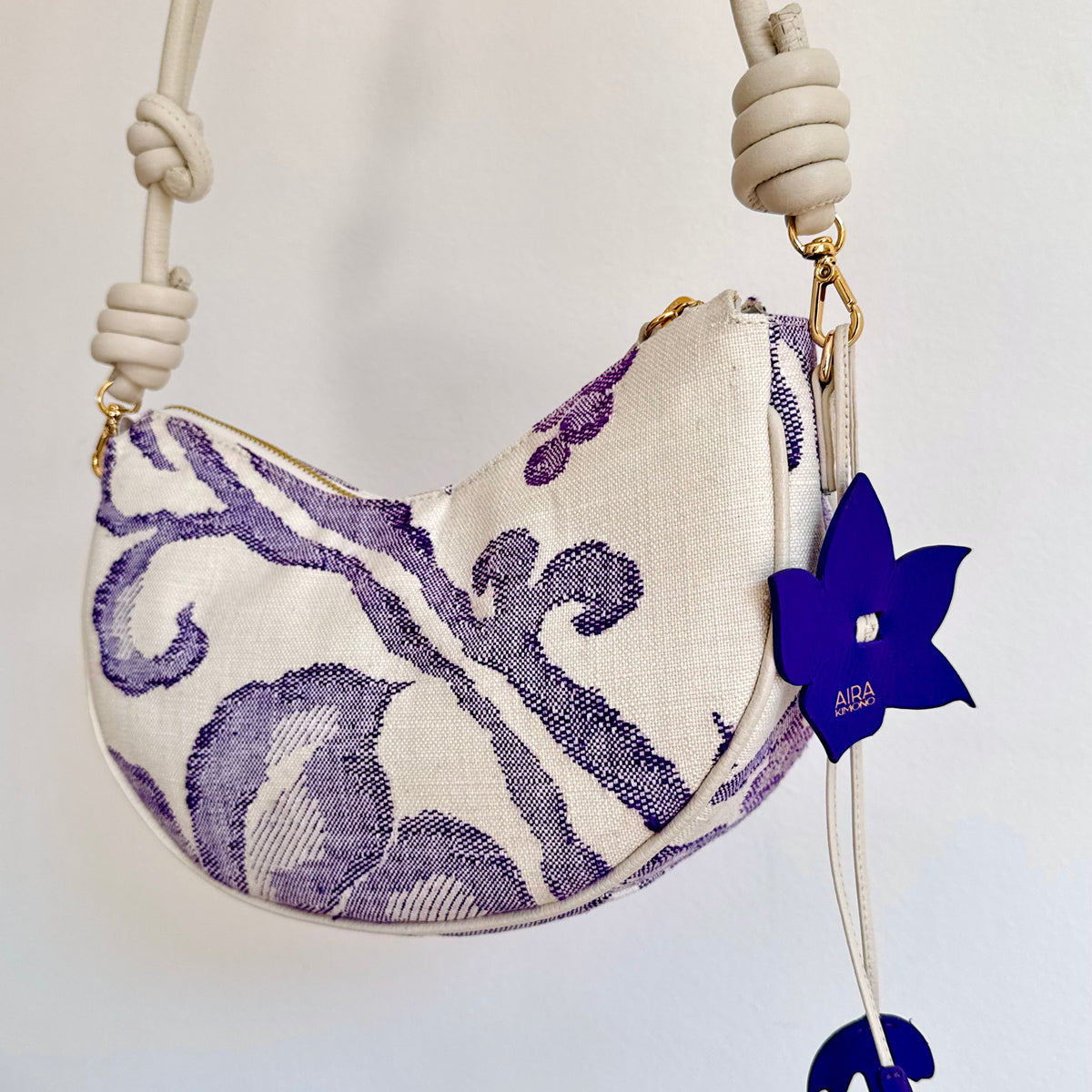 Aiko Bag: Fuji - White and Purple from Woven Japanese Obi Sash with White Leather Strap