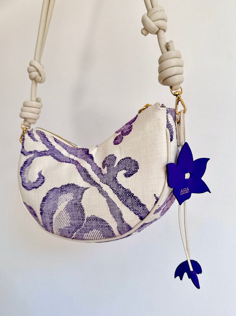 Aiko Bag: Fuji - White and Purple from Woven Japanese Obi Sash with White Leather Strap
