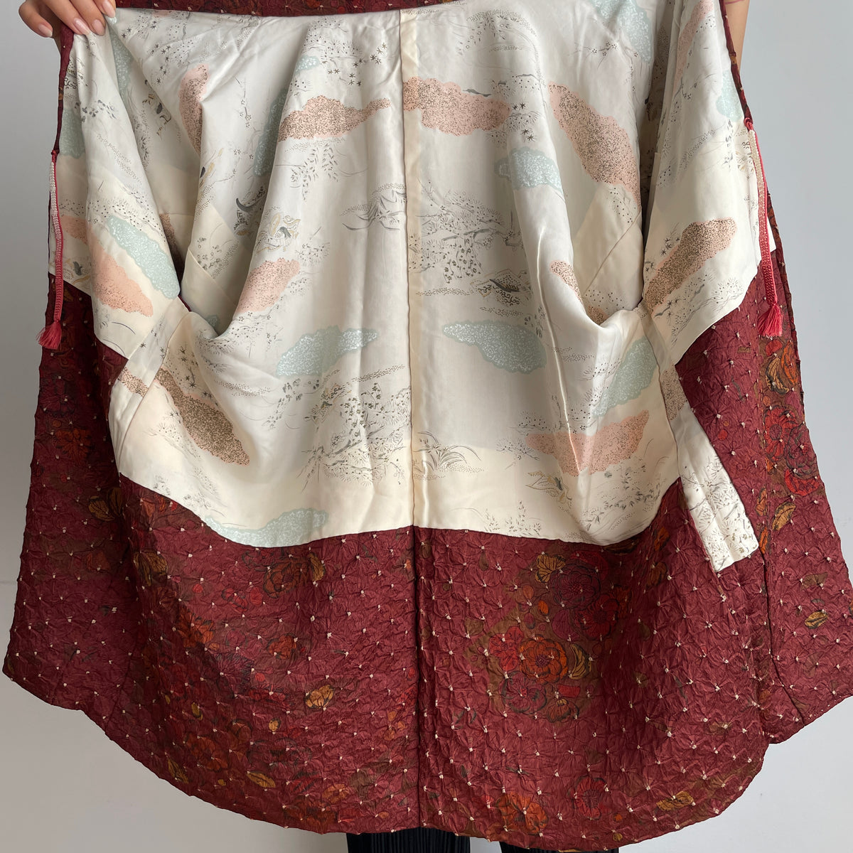 Haori Dark Burgundy in Shibori with Tsujihagana Style Flowers