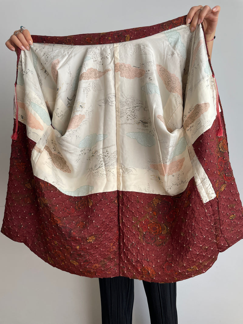 Haori Dark Burgundy in Shibori with Tsujihagana Style Flowers