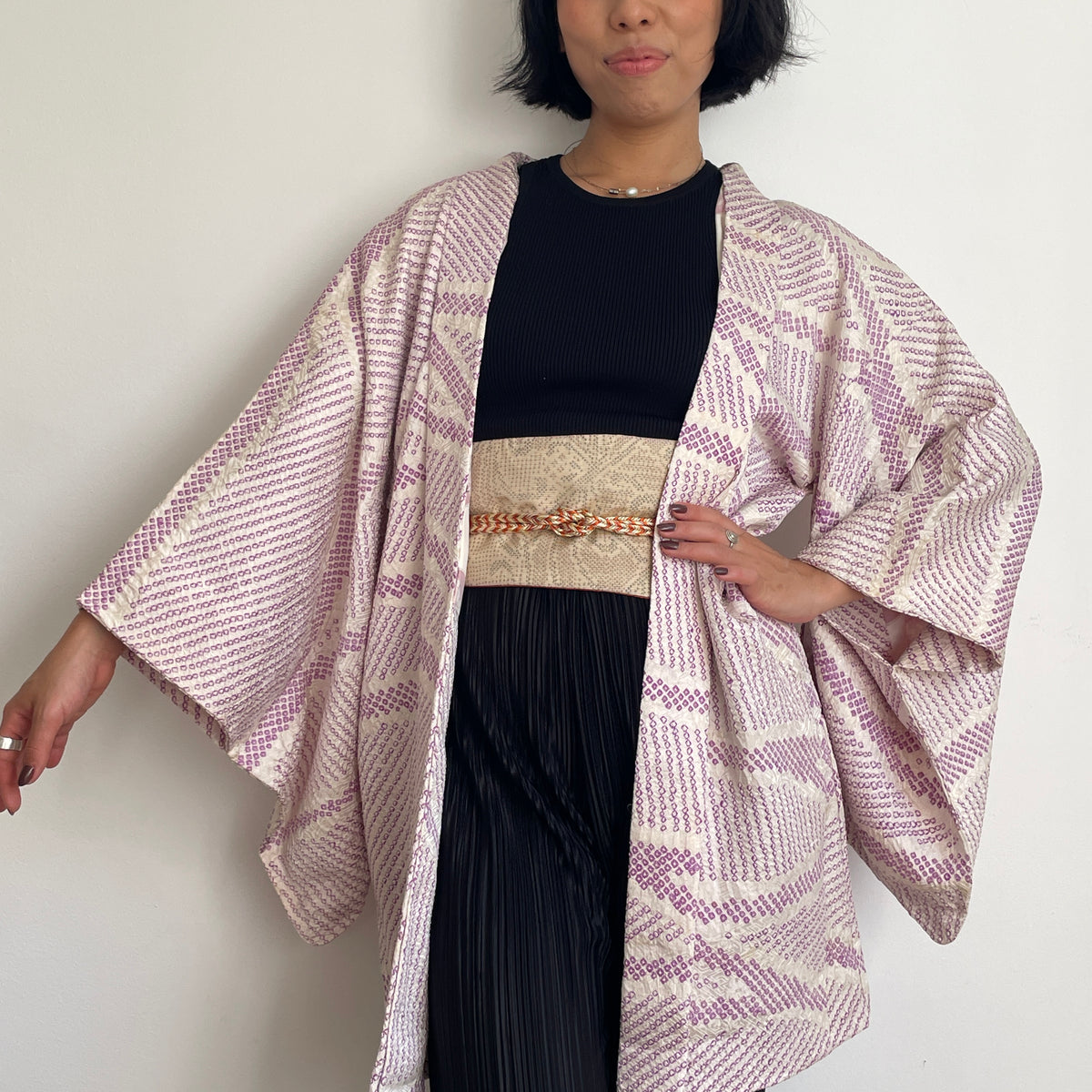 Haori White with Shibori Technique in Purple Silk