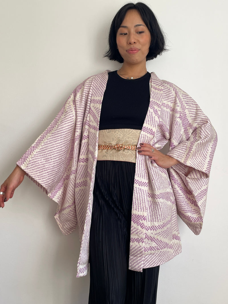 Haori White with Shibori Technique in Purple Silk