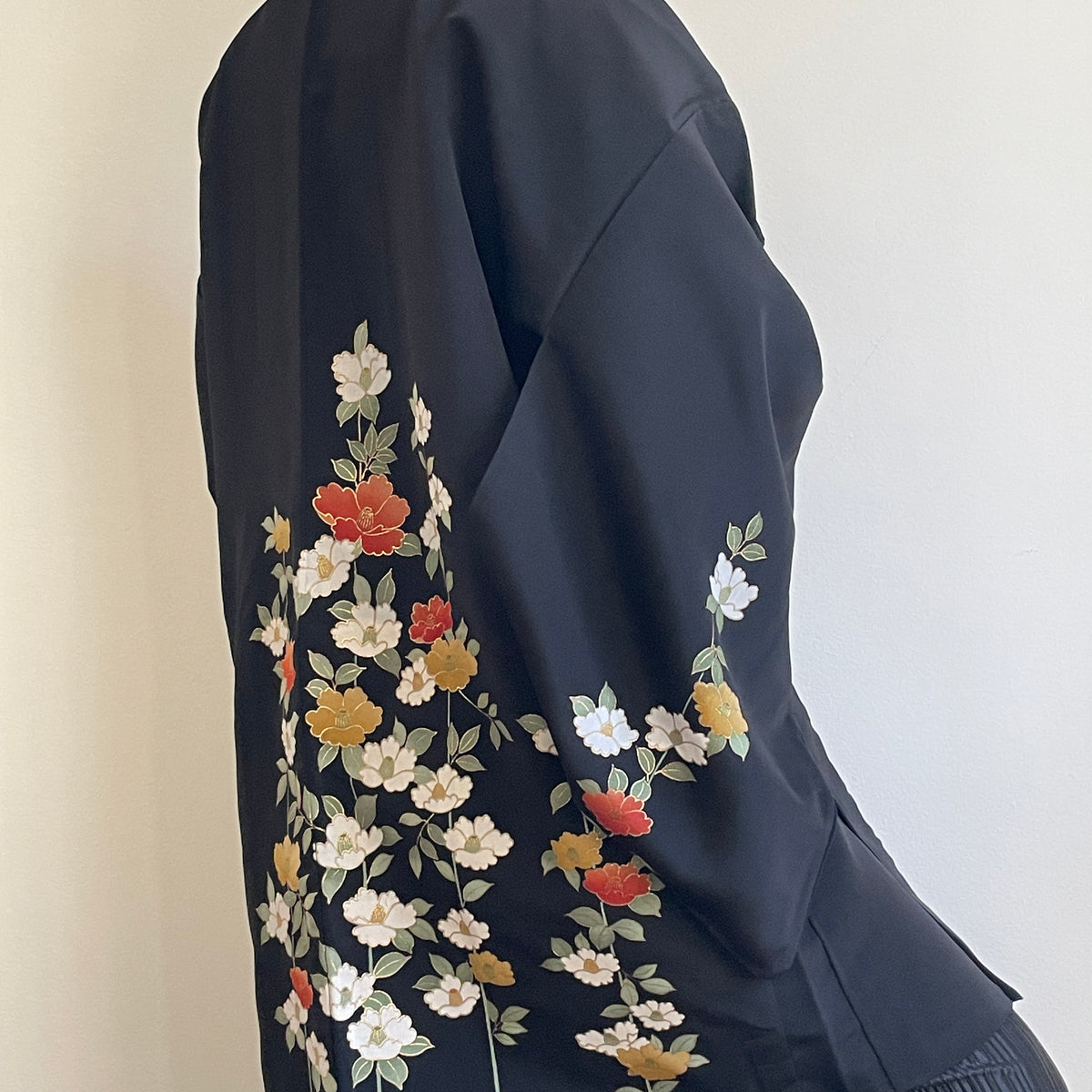 Haori Black with Painted Peonies in Silk