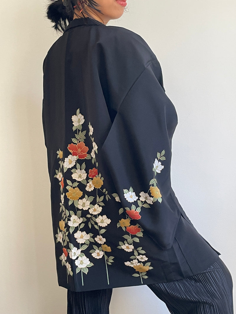 Haori Black with Painted Peonies in Silk