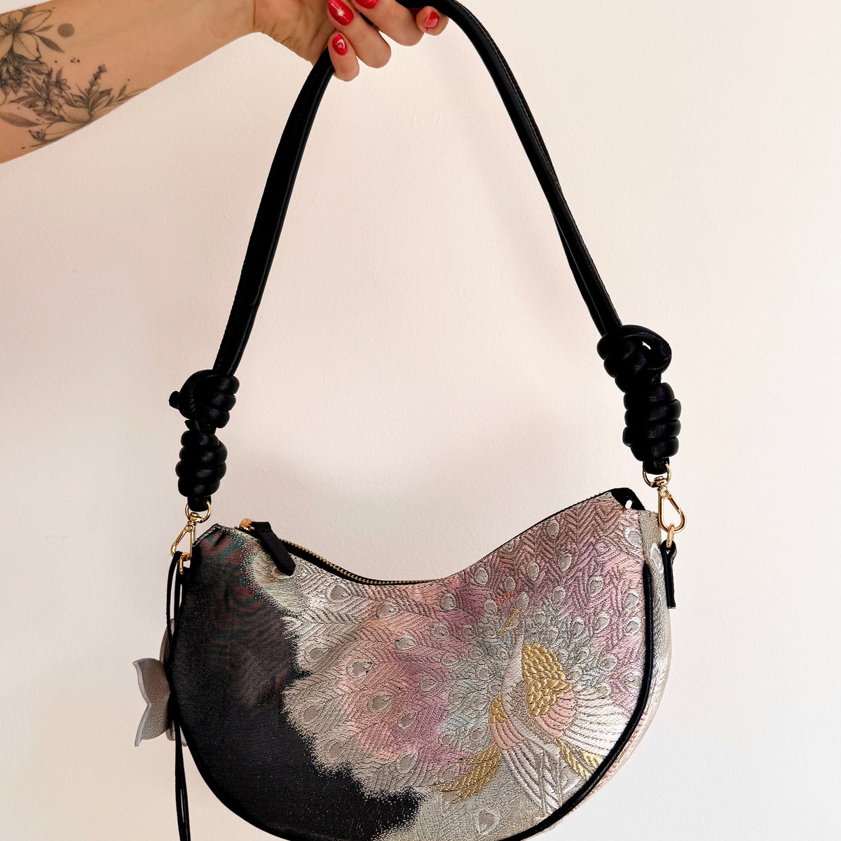 Aiko Bag: Black Metallic Black Peacock from Embroidered Obi Sash with Black Leather Strap