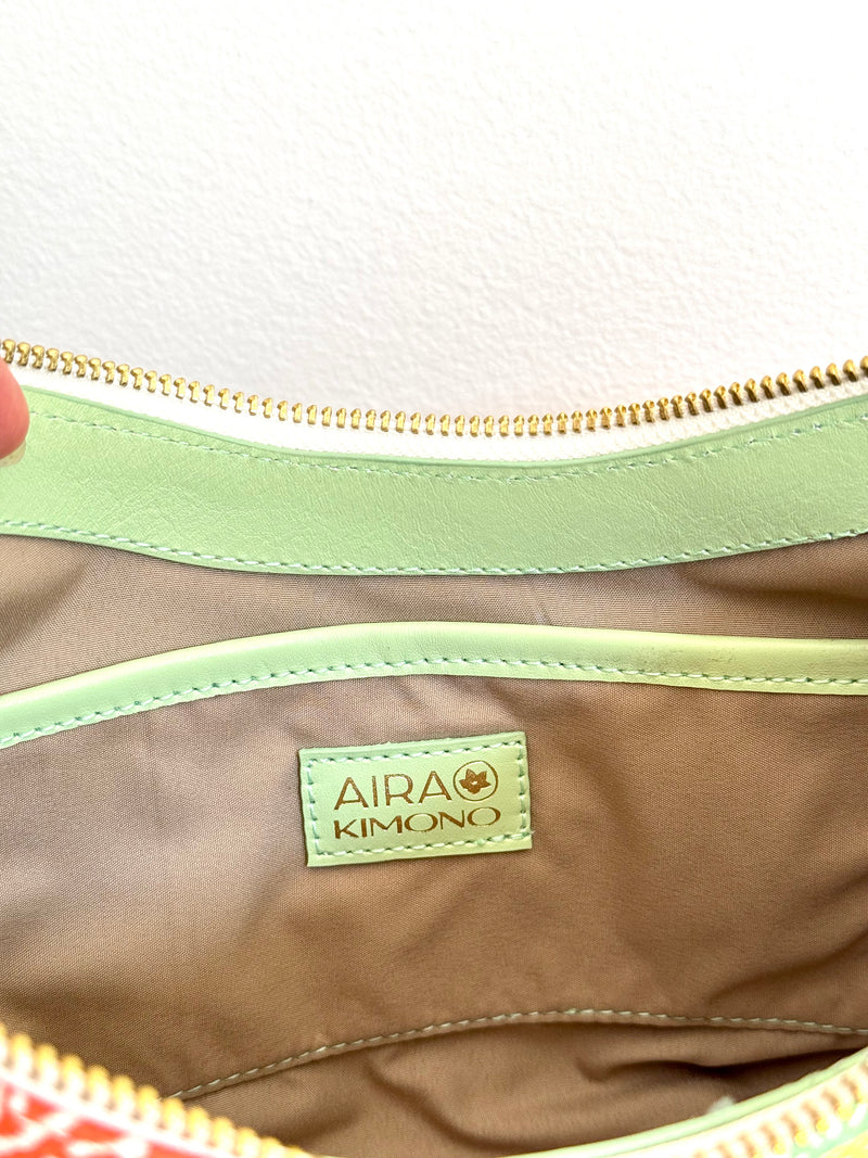 Aiko Bag: Summer Multicolor - from Japanese Obi Sash with Green Leather Strap