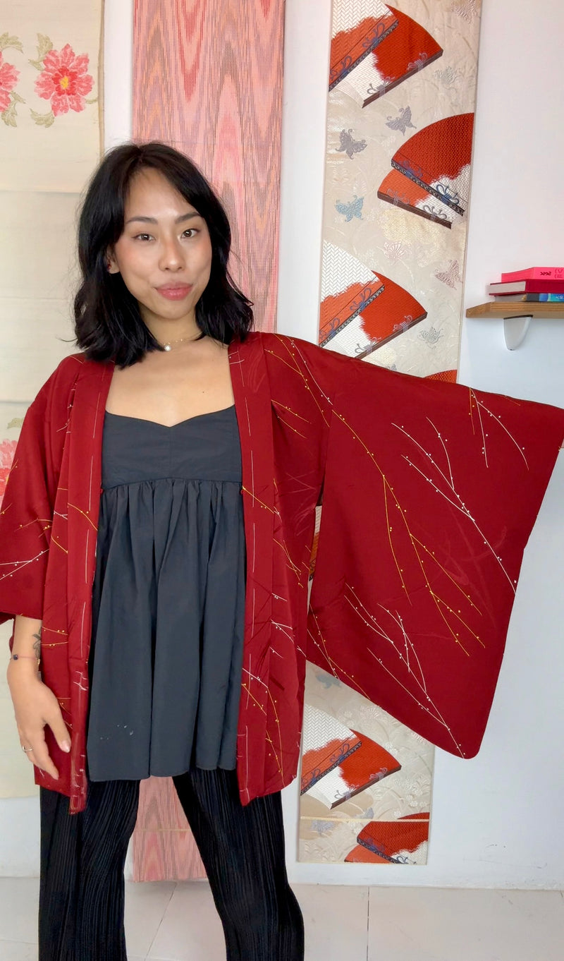 Haori Deep Red with Branches and Embroidered Silk