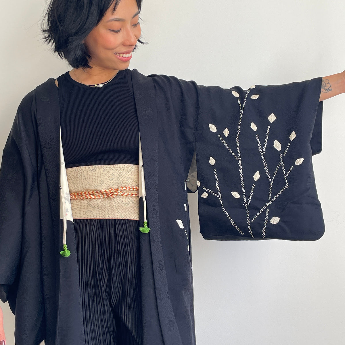 Haori Black with White Shibori Technique Leaves White in Silk