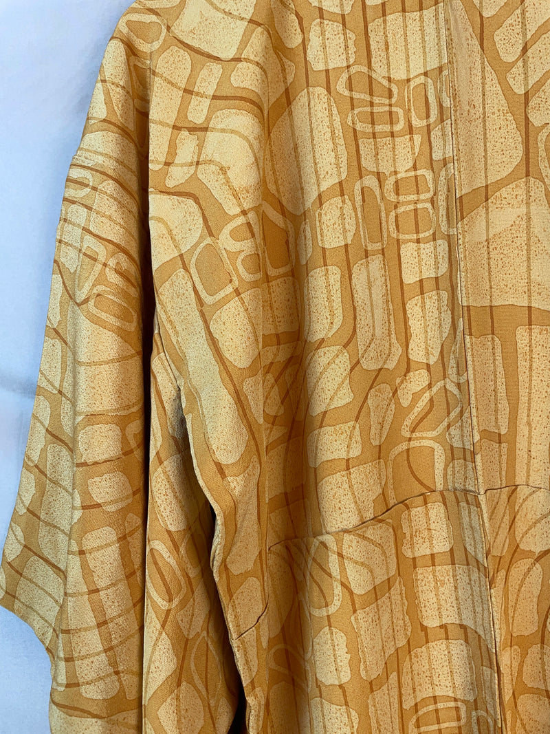 Kimono Mustard Yellow Lines and Forms in Silk with Belt