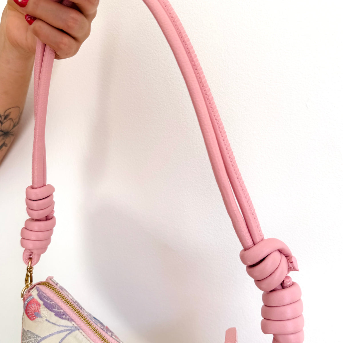 Aiko Bag: Metallic Pink and Blue Peacock and Flowers from Embroidered Obi Sash with Pink Leather Strap