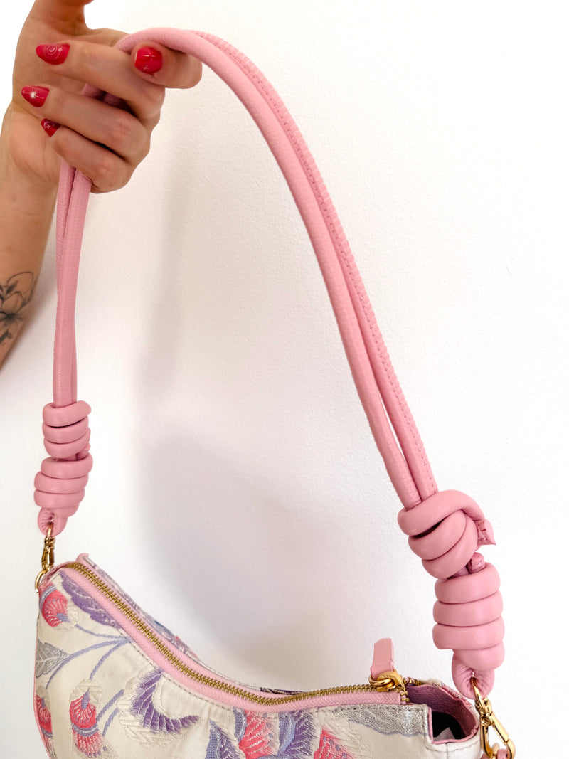 Aiko Bag: Metallic Pink and Blue Peacock and Flowers from Embroidered Obi Sash with Pink Leather Strap