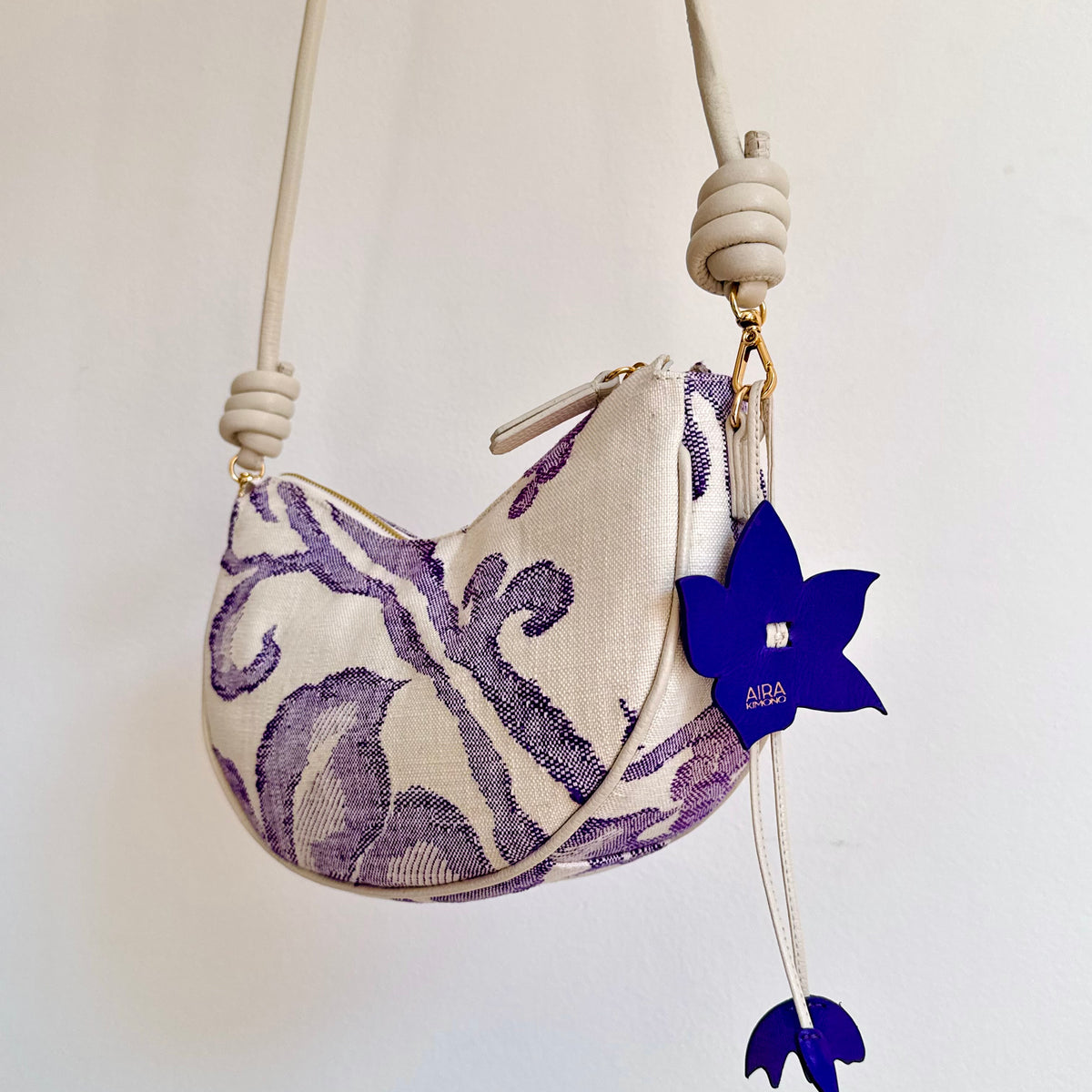 Aiko Bag: Fuji - White and Purple from Woven Japanese Obi Sash with White Leather Strap